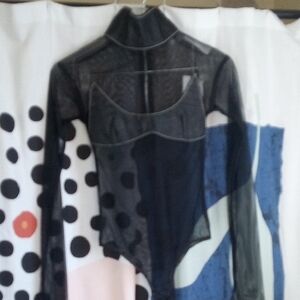 SAMI MIRO VINTAGE Black Sheer Mock Neck Long Sleeve Bodysuit With Raw Denim NWT